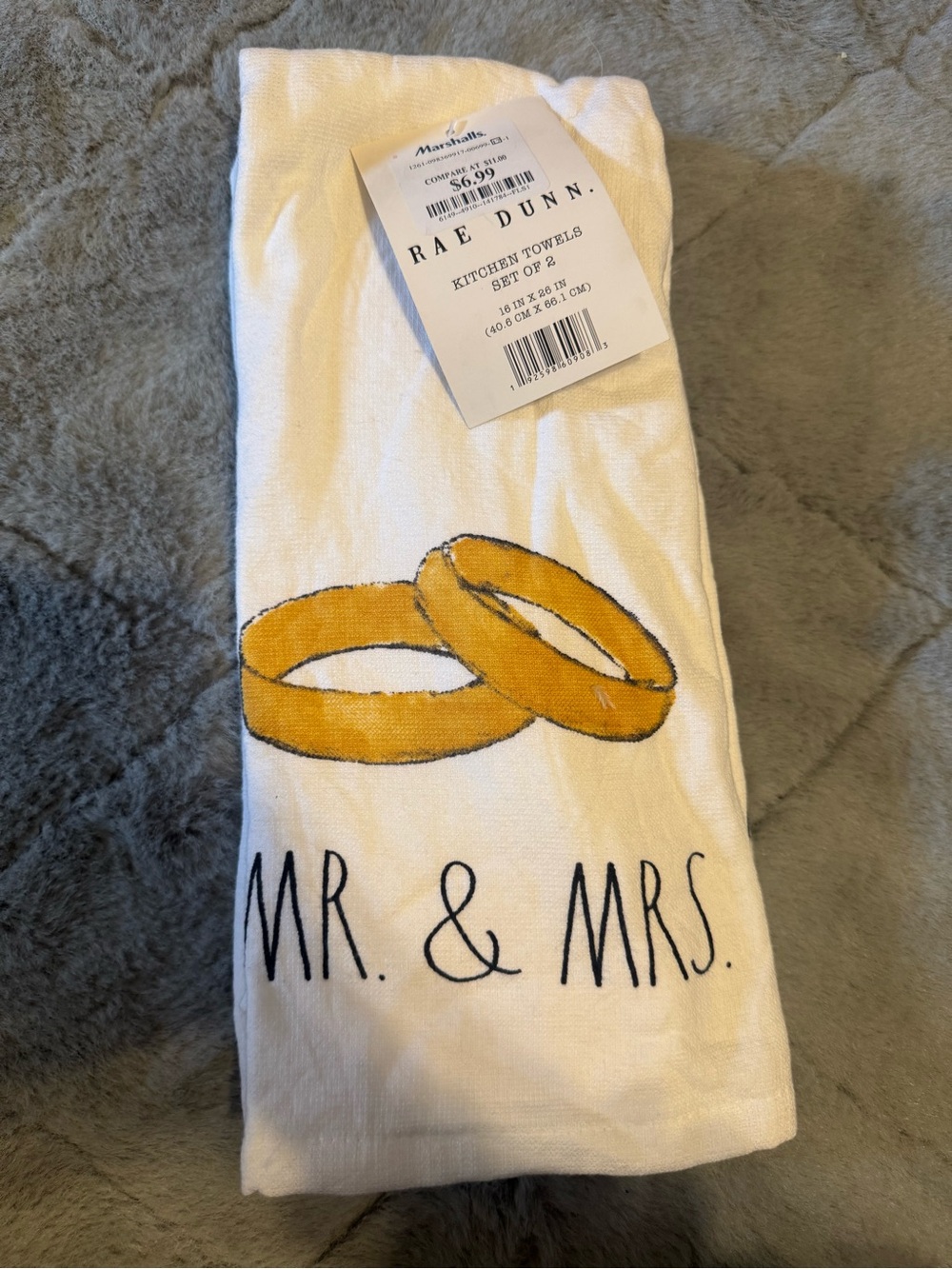 Rae Dunn White 'Mr. & Mrs.' Kitchen Towels with Yellow Ring Design